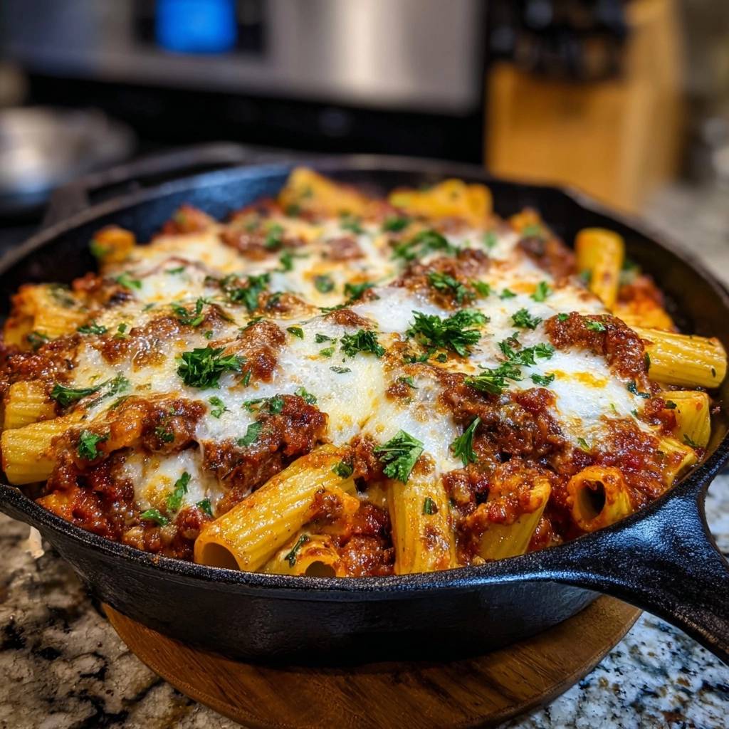 Cheesy skillet beef rigatoni with a bubbly melted cheese topping and fresh parsley garnish.