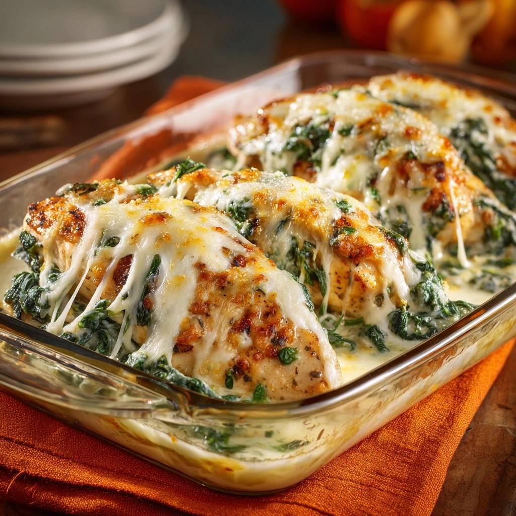Cheesy spinach chicken bake with gooey melted cheese cascading over tender chicken breasts in a baking dish.