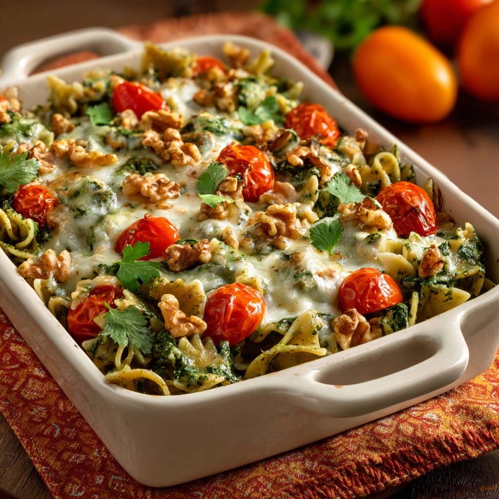Cheesy spinach tomato walnut bowtie pasta bake in a casserole dish, topped with cherry tomatoes and walnuts.