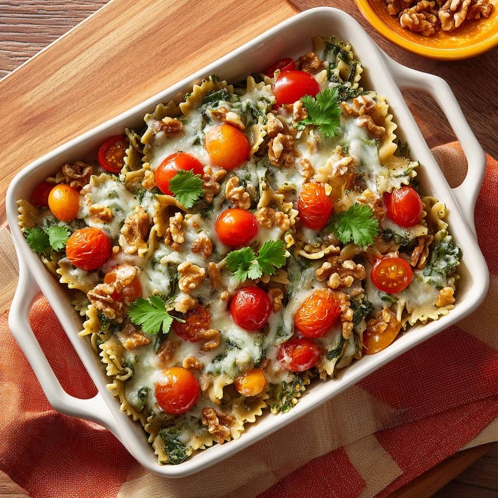 Cheesy spinach tomato walnut bowtie pasta bake served in a white rectangular dish, presented from an overhead perspective.