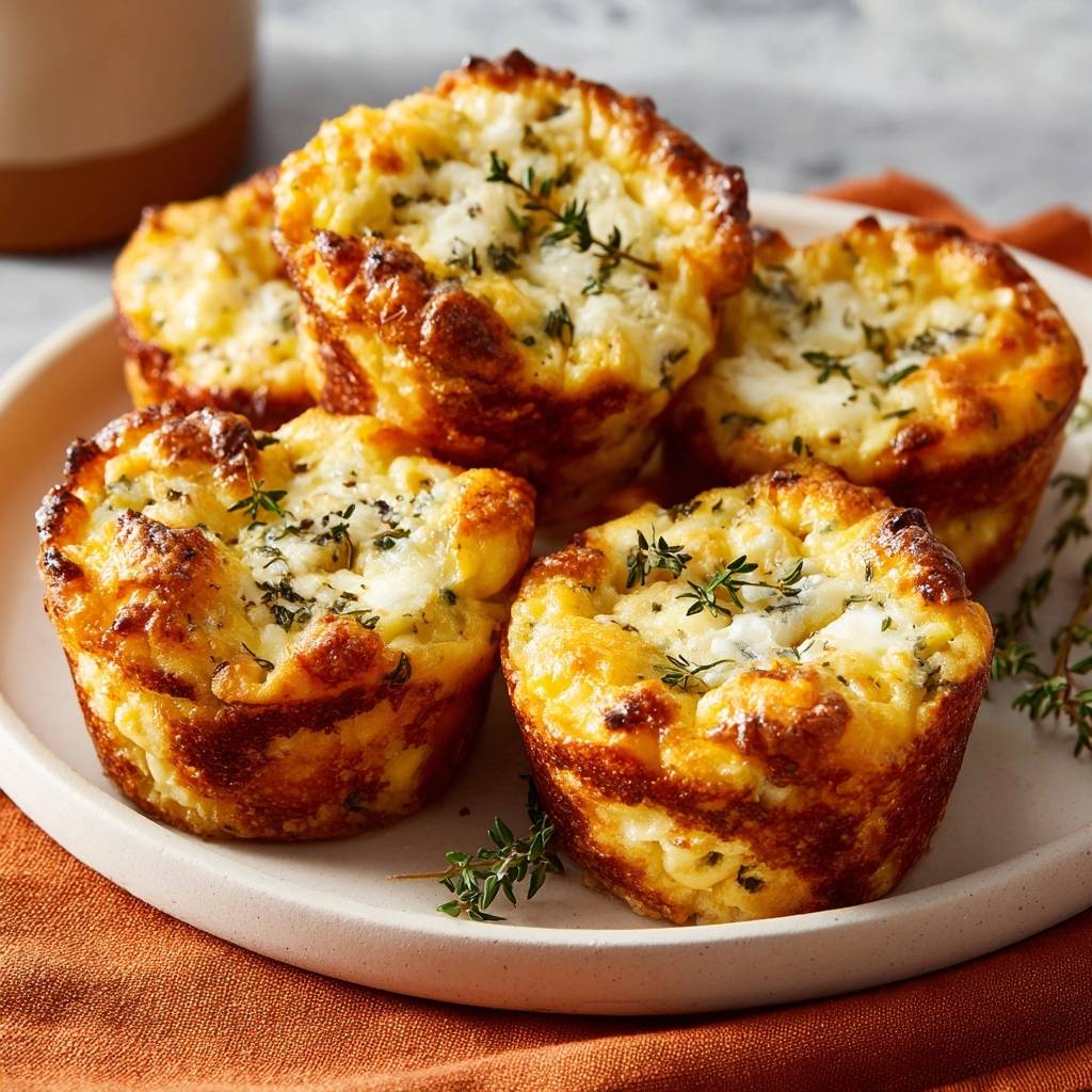 Cheesy thyme muffins plated and garnished with fresh thyme sprigs, showcasing their golden-brown, fluffy texture.