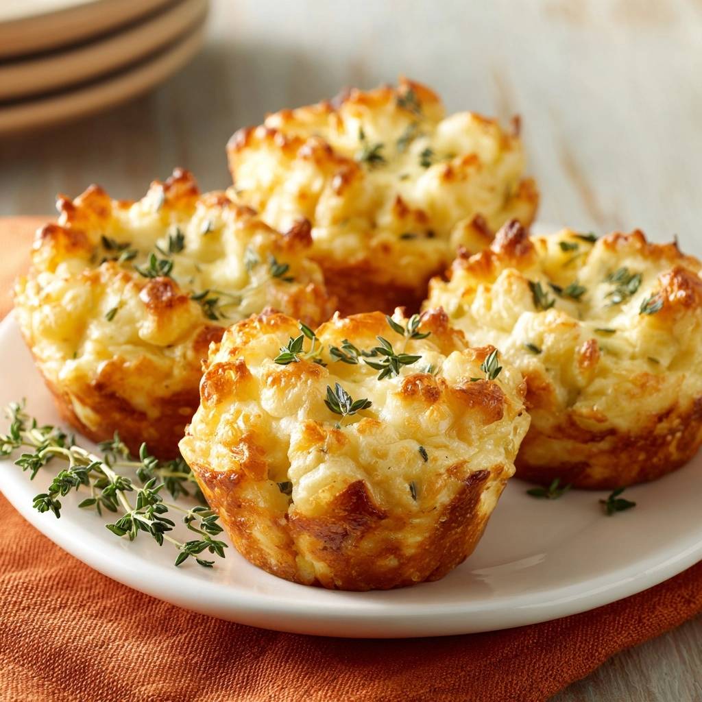 Cheesy thyme muffins plated with fresh thyme sprigs, showcasing a golden-brown, fluffy texture.