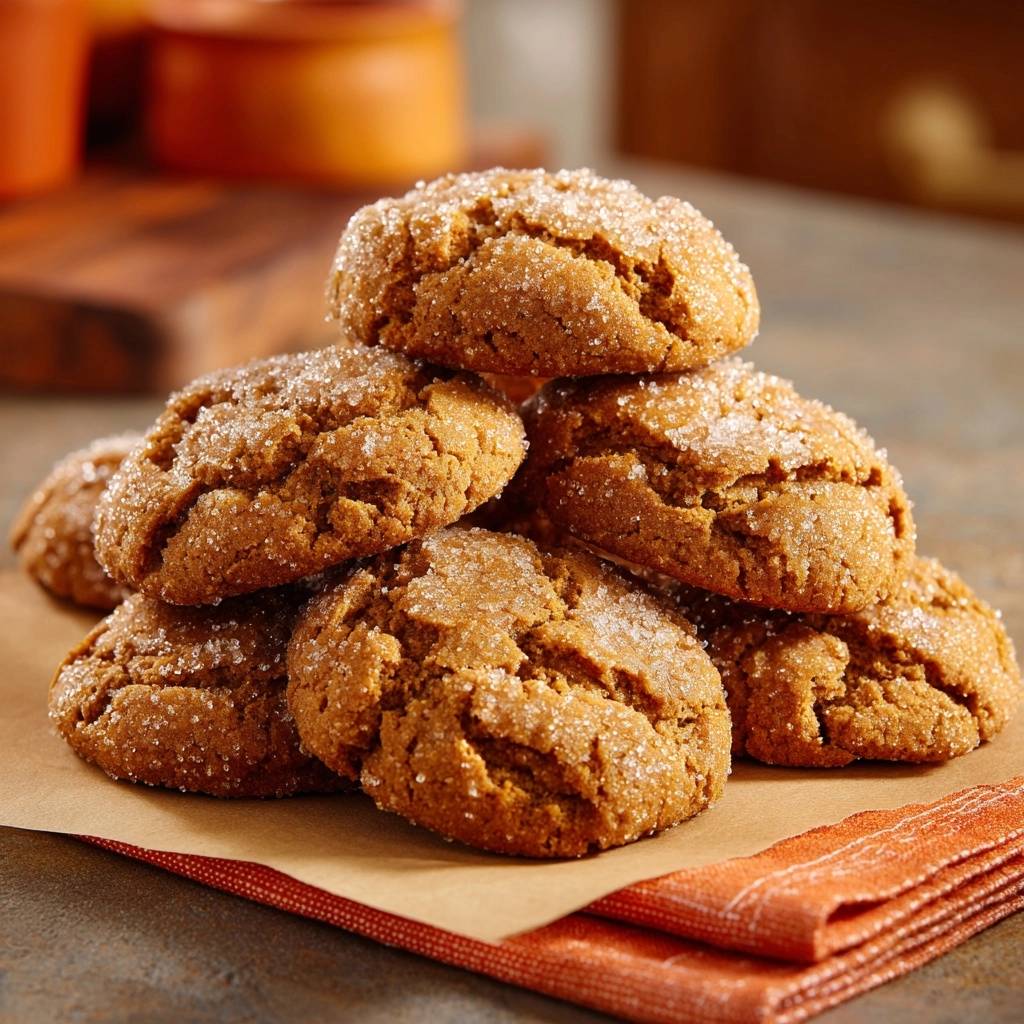 Chewy gingersnaps are stacked high and dusted with coarse sugar, showcasing their crackly texture.