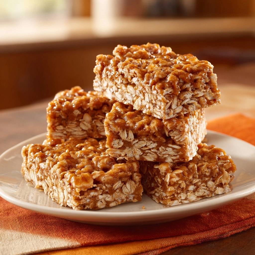 Chewy no-bake oat bars are stacked on a white plate, showcasing their dense, chewy texture.