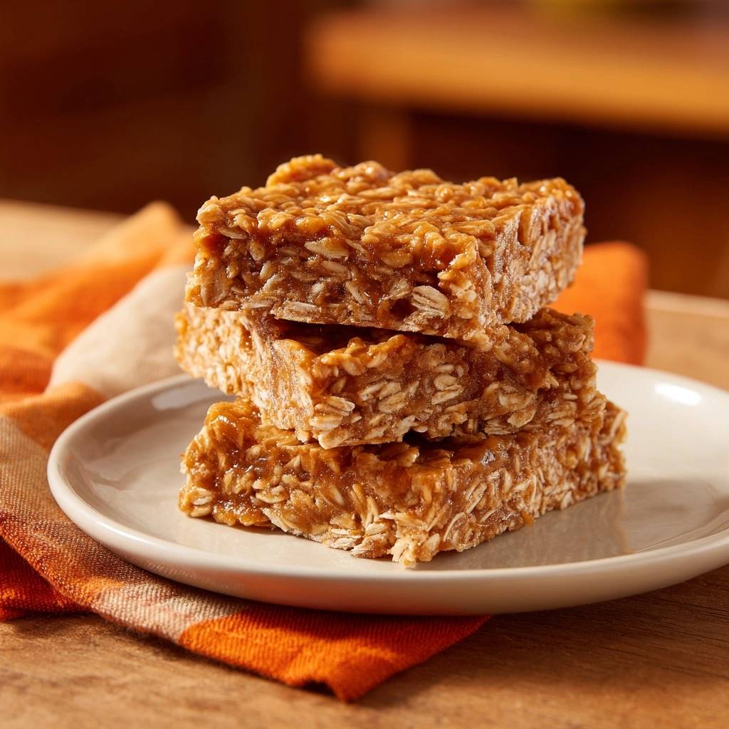 Chewy no-bake oat bars, a crumble-proof recipe, stacked neatly on a white plate with an orange napkin.
