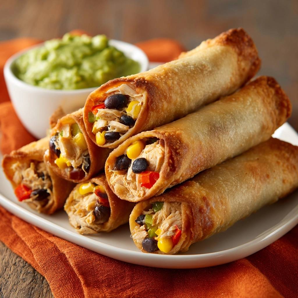 Crispy chicken black bean taquitos shown in a close-up cross-section revealing the filling.