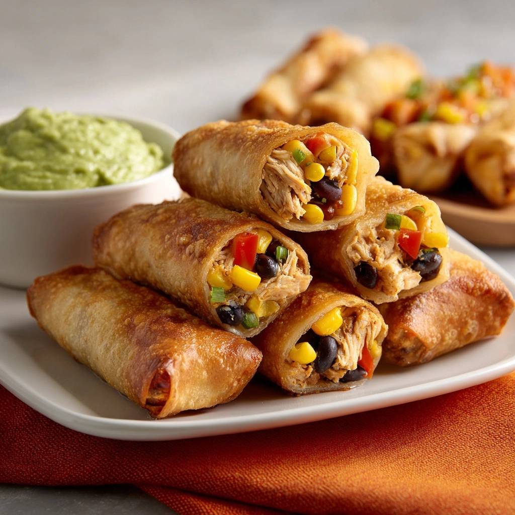 Crispy chicken black bean taquitos stacked on a plate with a side of guacamole dip.