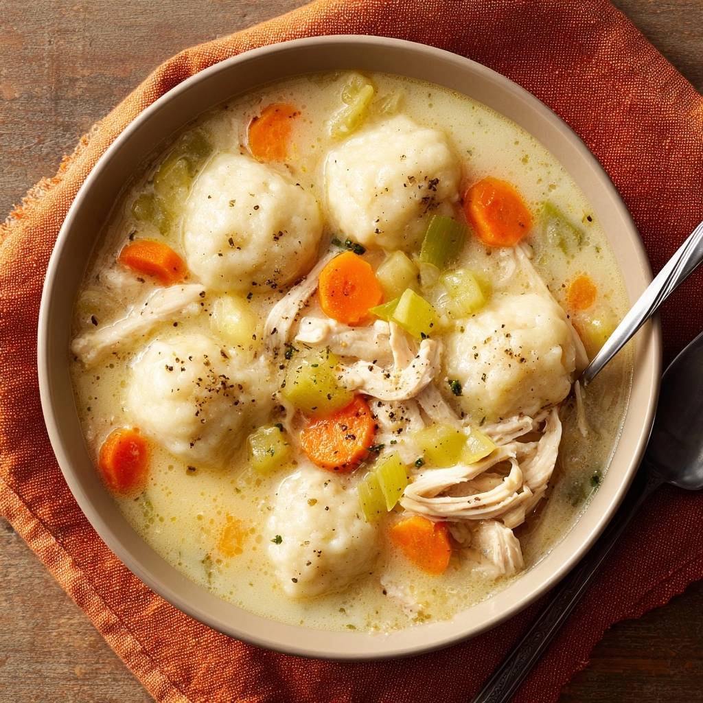 Chicken matzo ball soup with fluffy matzo balls served in a bowl with a spoon, shown from an overhead view.