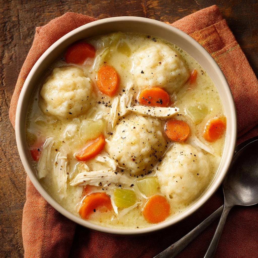 Chicken matzo ball soup with fluffy matzo balls shown in a close-up view of a rustic bowl.