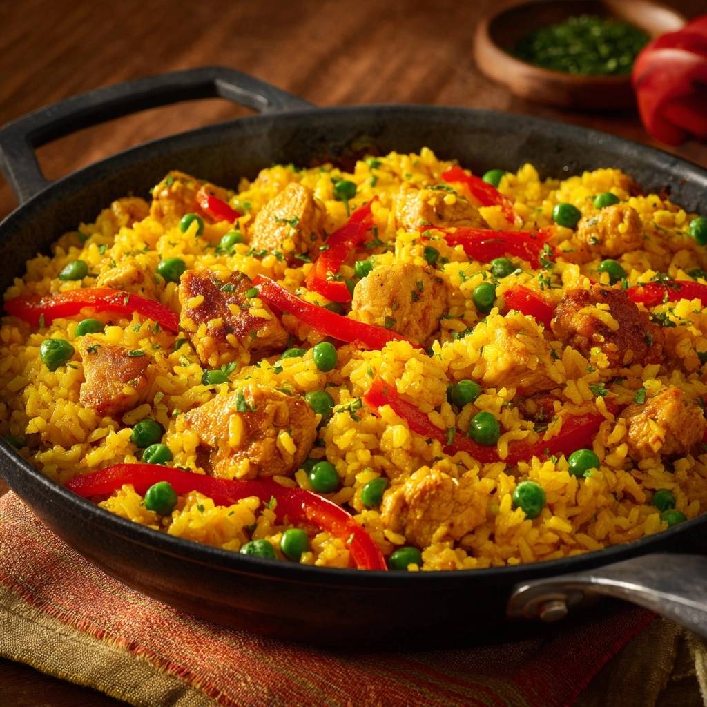 Chicken paella with fluffy separate grains served in a cast iron pan, viewed from overhead.