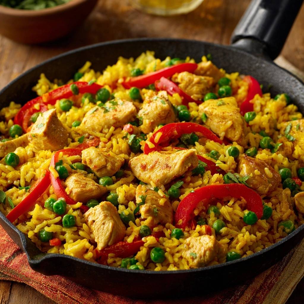 Chicken paella with fluffy separate grains, a colorful close-up view of the dish in a cast-iron skillet.