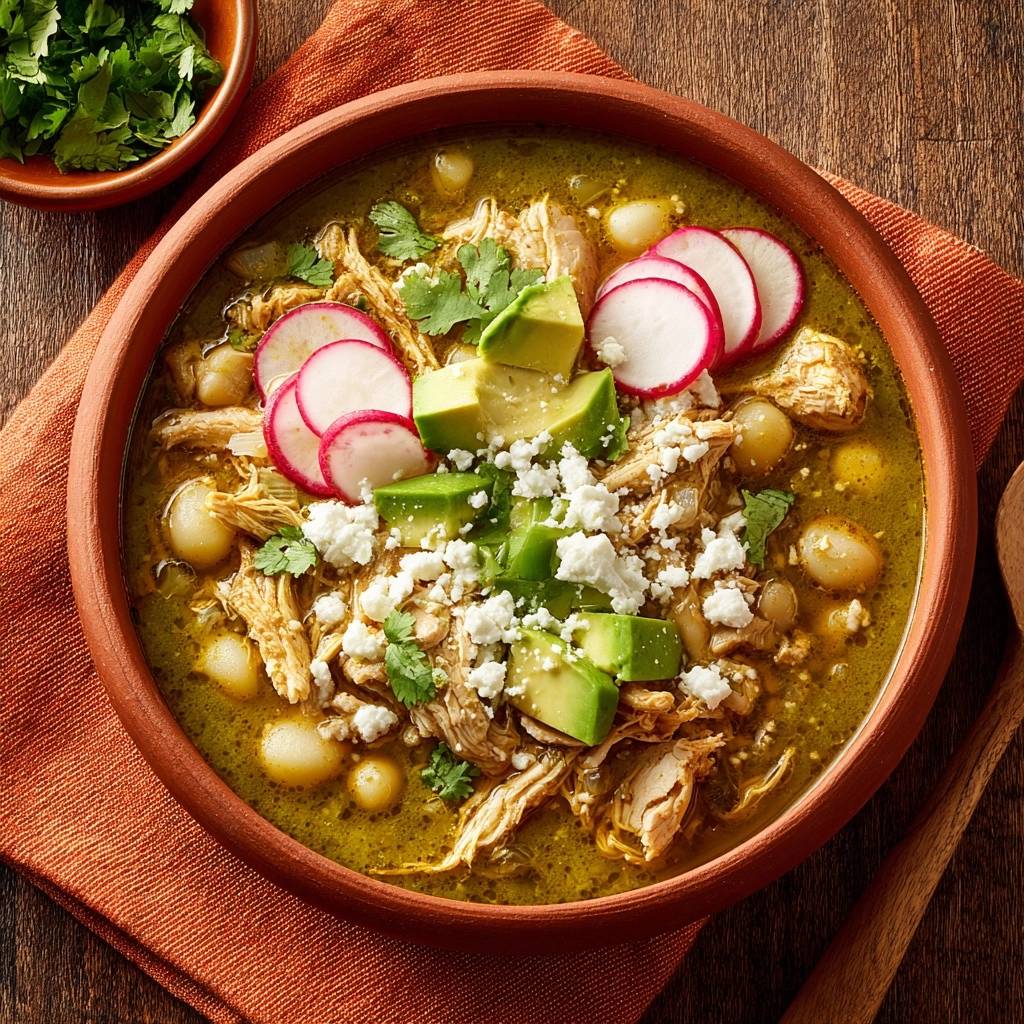 Chicken pozole verde with tender hominy, topped with fresh avocado, radishes, and crumbled cheese.