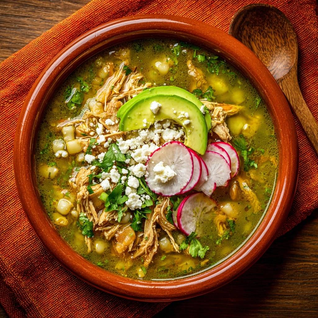 Chicken pozole verde with tender hominy, garnished with avocado, radishes, and cheese, shown in an overhead bowl view.