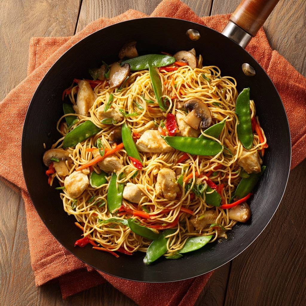 Chicken stir-fry noodles presented in a black wok with snap peas, mushrooms, and julienned carrots from an overhead perspective.