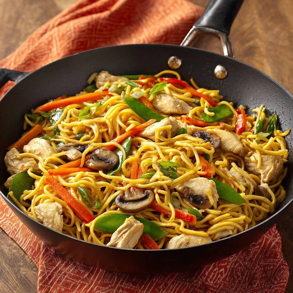 Chicken stir-fry noodles with chicken, carrots, mushrooms, and snap peas served in a black wok.