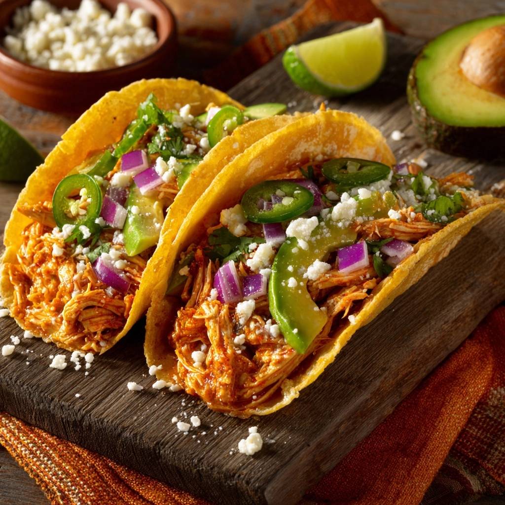 Crispy chicken tinga tacos close-up with avocado, jalapeño, red onion, and crumbled cheese garnish.