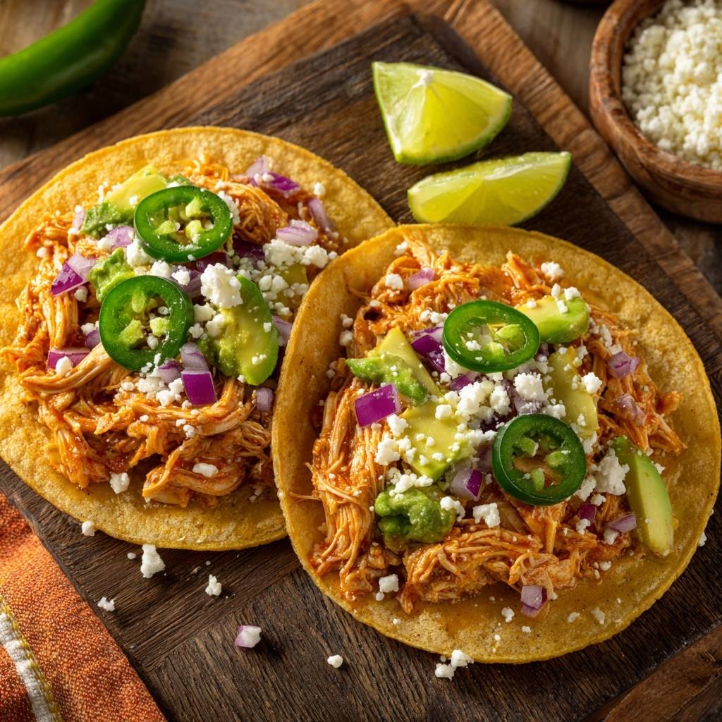 Crispy chicken tinga tacos garnished with jalapeños, avocado, red onion, and queso fresco, served on a wooden board.