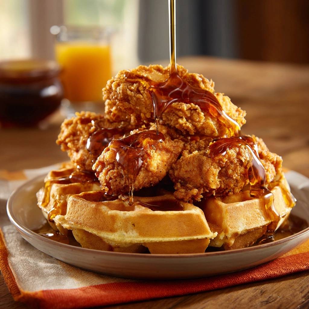 Chicken and waffles with ultra-crispy double-fried chicken with syrup being drizzled over the top.