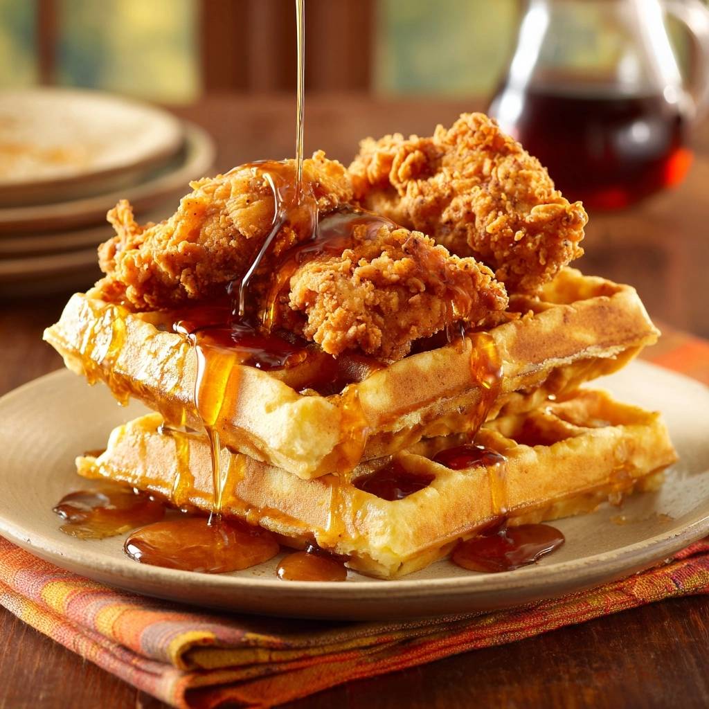 Chicken and waffles with ultra-crispy double-fried chicken and a generous syrup drizzle.