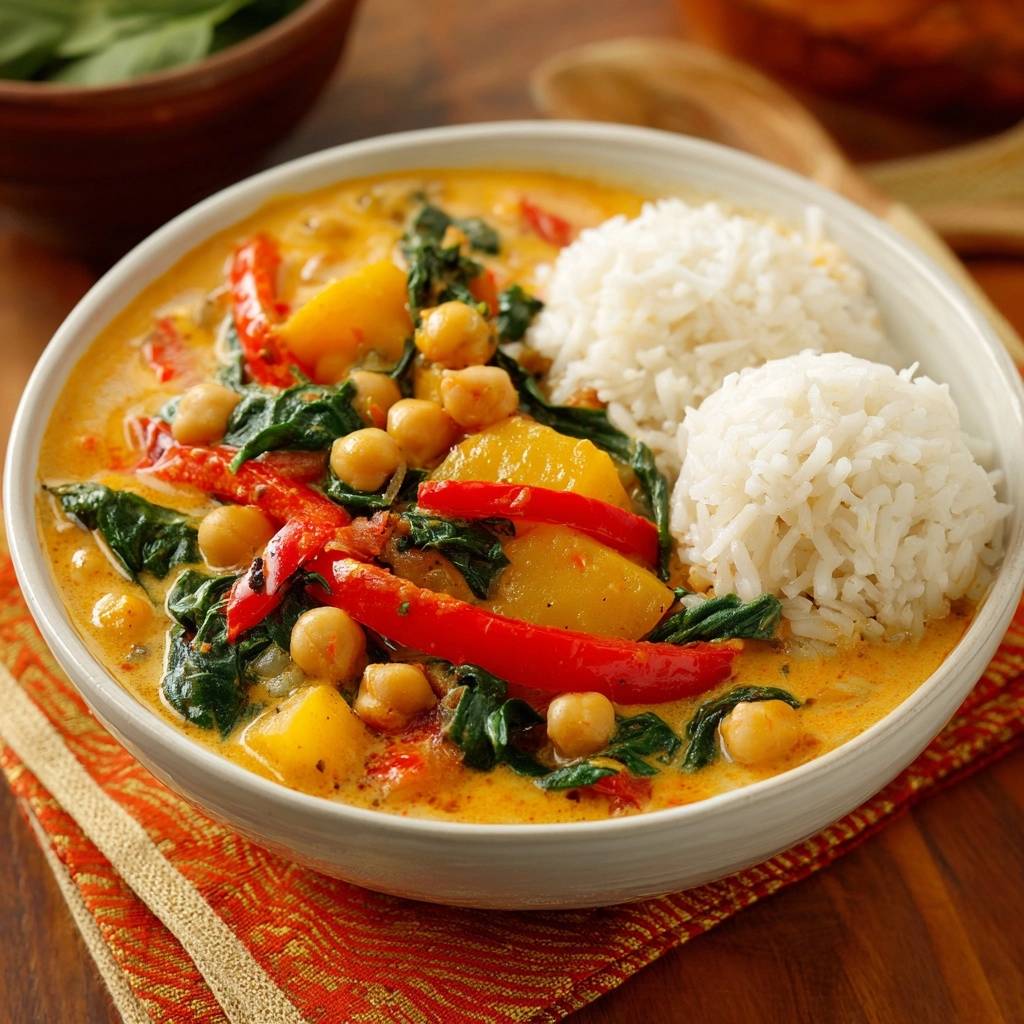 Chickpea spinach curry served in a white bowl with fluffy white rice, showing the vibrant colors of the peppers and sauce.
