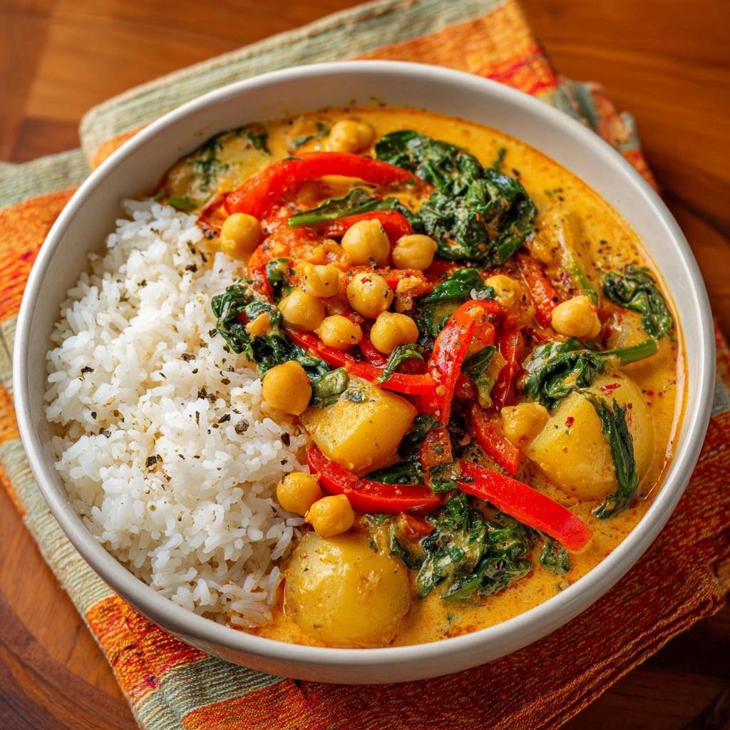 Chickpea spinach curry with a thick sauce served in a white bowl alongside fluffy white rice.