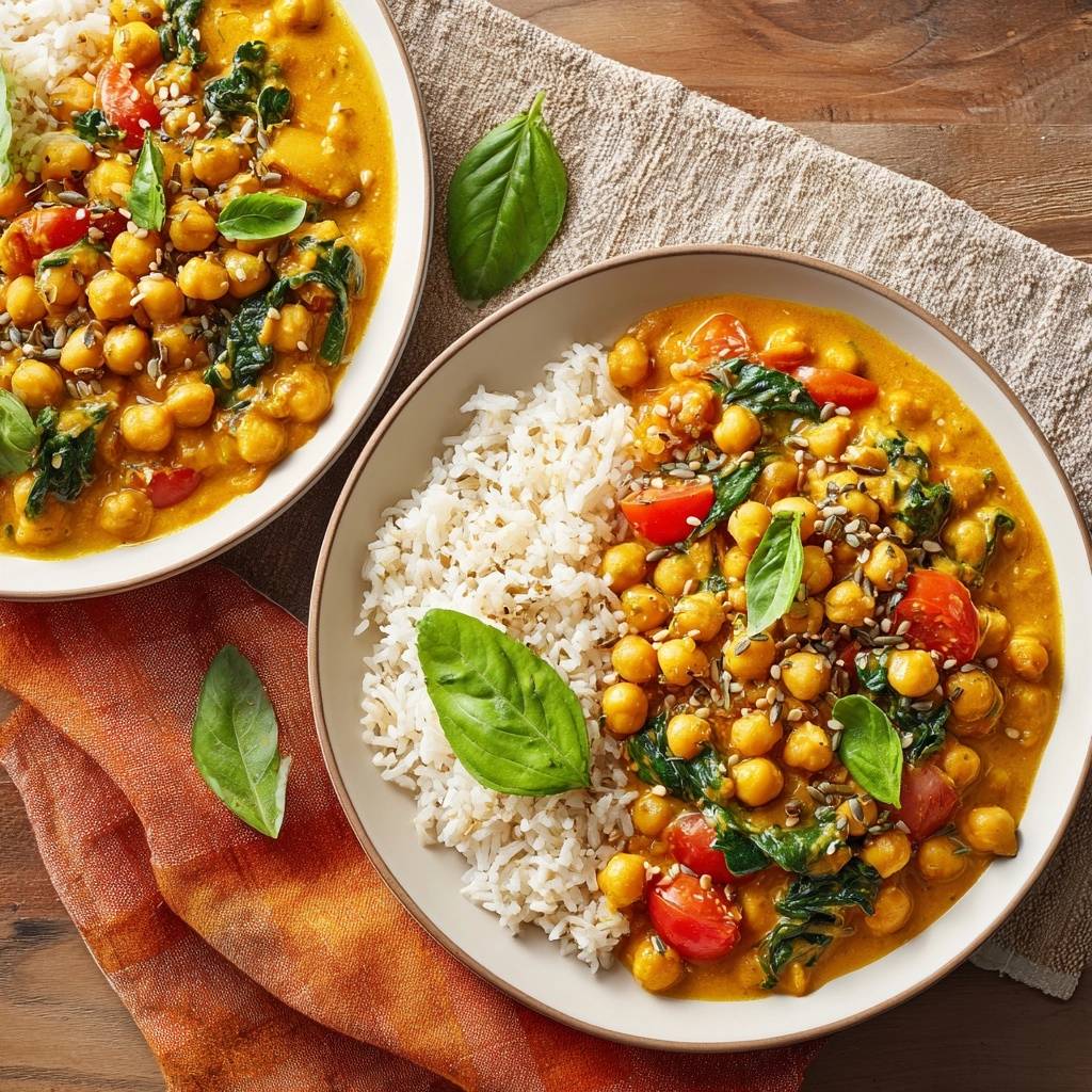 Chickpea spinach curry with rice served in two bowls, showcasing a thick creamy sauce and fresh basil garnish.