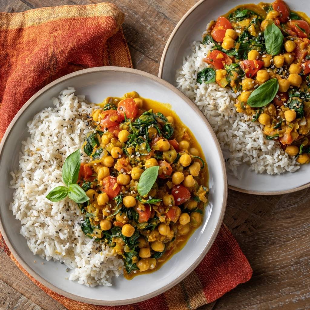 Chickpea spinach curry with a thick creamy sauce served over rice in two white bowls with basil garnish.