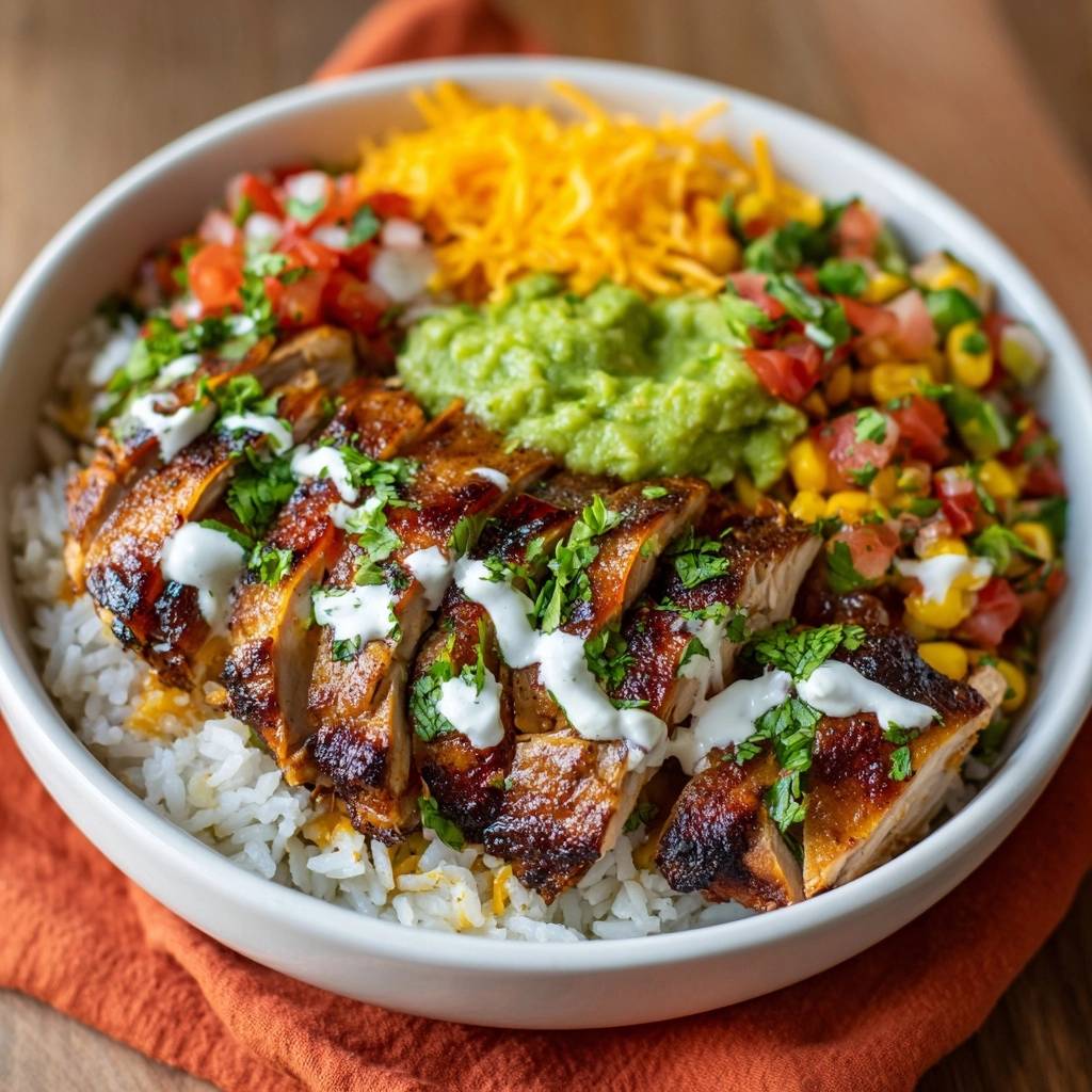 Chipotle chicken burrito bowl with sliced brined chicken, rice, guacamole, pico de gallo, and corn.