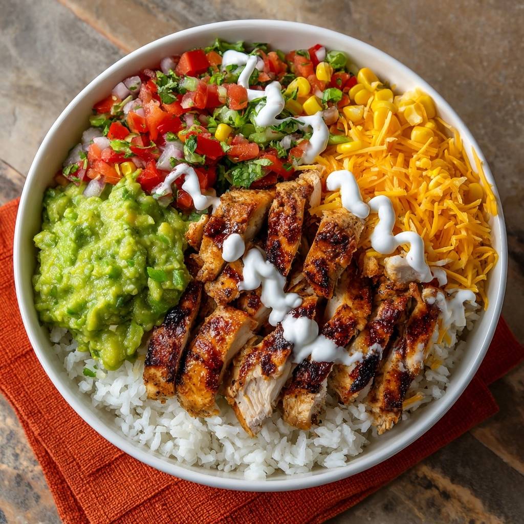 Chipotle chicken burrito bowl with sliced chicken, pico de gallo, guacamole, and cheese, shown from an overhead perspective.