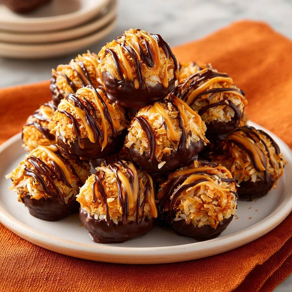 Chocolate caramel coconut macaroons drizzled with chocolate and caramel, piled high on a white plate.