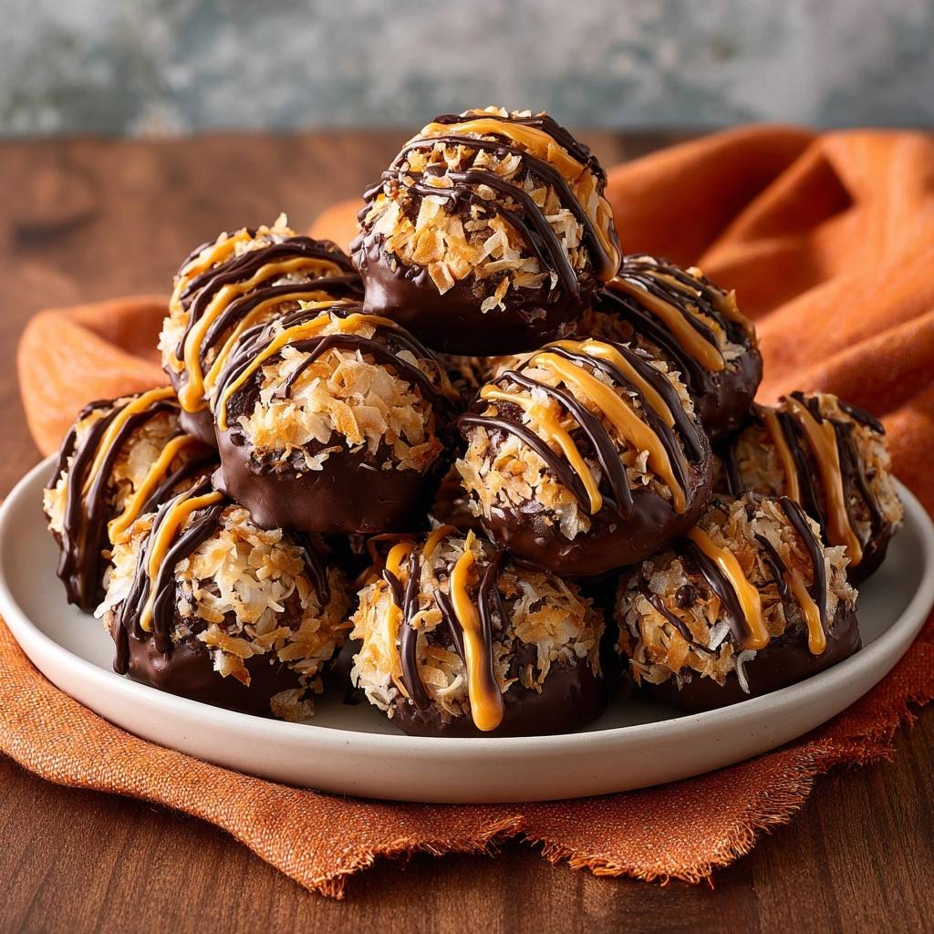 Chocolate caramel coconut macaroons stacked on a white plate, drizzled with chocolate and caramel.