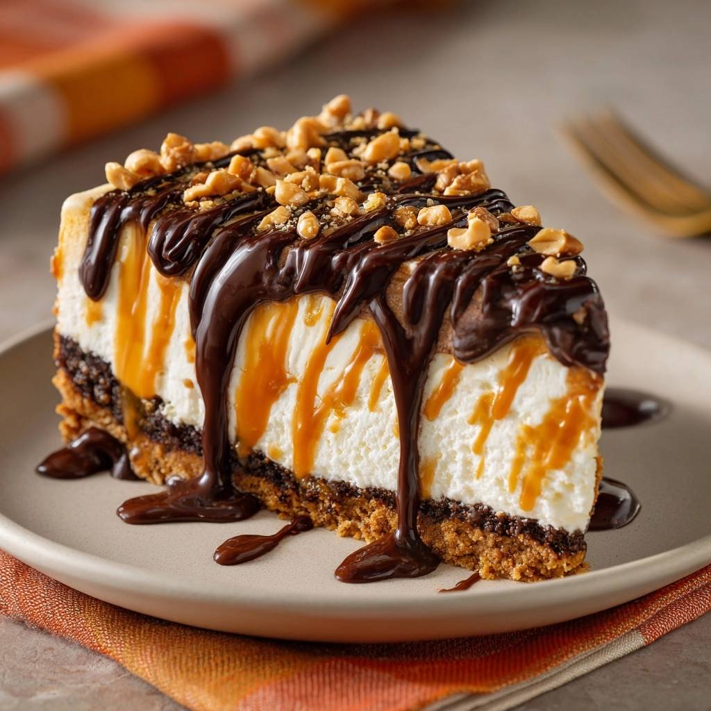 Chocolate caramel peanut cheesecake is shown as a plated slice with rich chocolate ganache and caramel dripping down the sides.