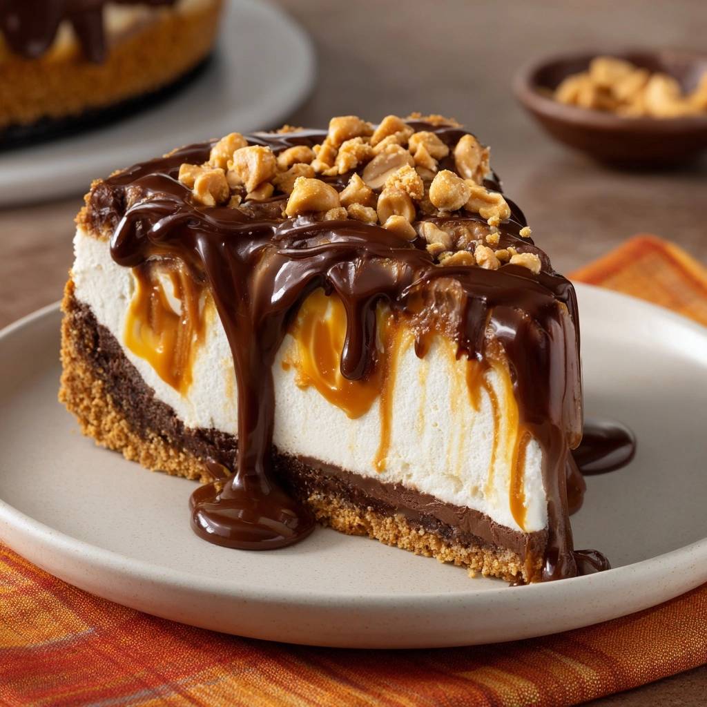 Chocolate caramel peanut cheesecake slice with rich chocolate ganache and chopped peanuts, showing decadent caramel drips.