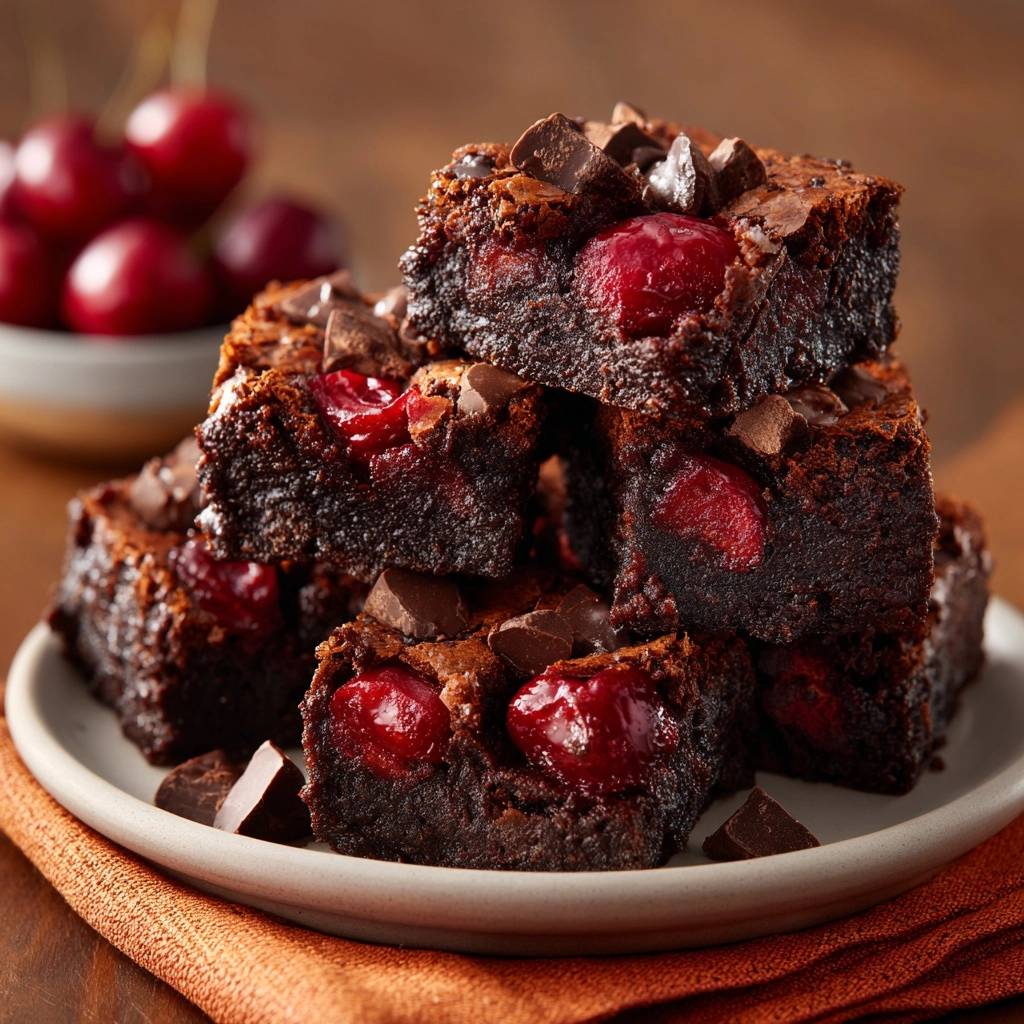 Chocolate cherry brownies stacked close-up, showcasing whole cherries embedded within the rich chocolate squares.