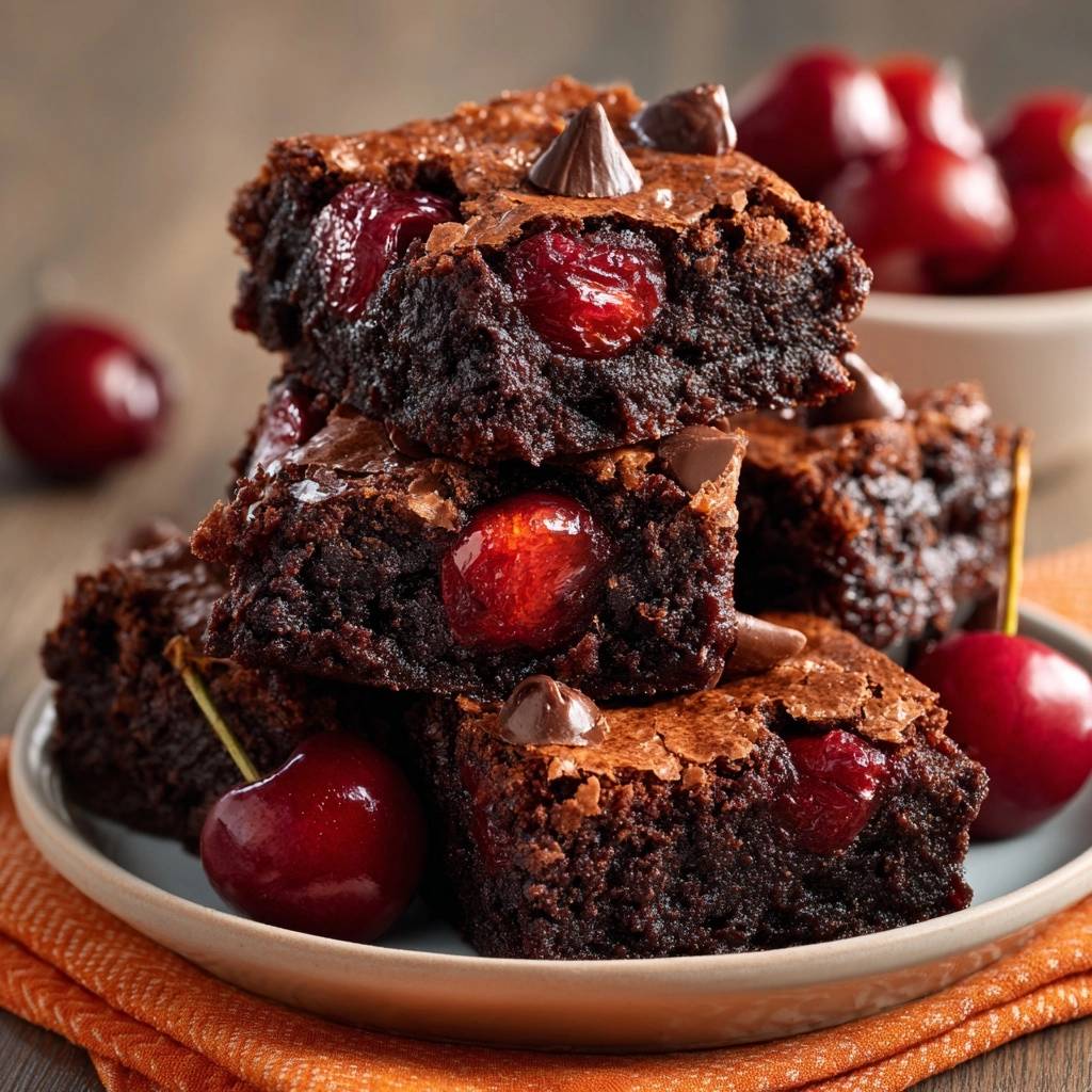 Chocolate cherry brownies stacked on a plate with fresh cherries and chocolate chips visible.
