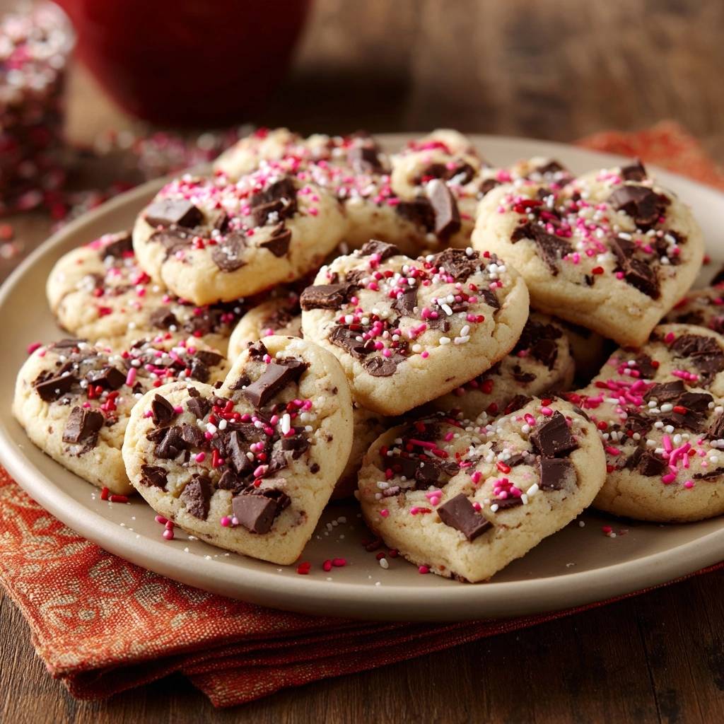 Chocolate chip heart cookies generously sprinkled with chocolate chunks and festive sprinkles, presented on a plate.