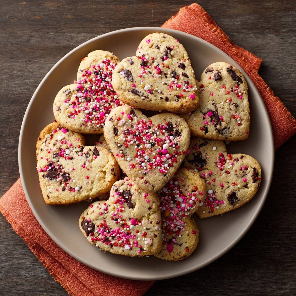 Chocolate chip heart cookies sprinkled with pink and white candy dots piled on a gray plate.