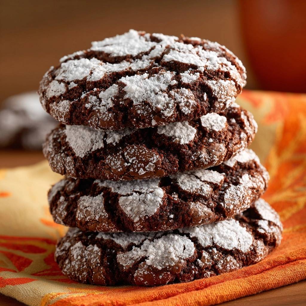 Chocolate crinkle cookies with a powdered sugar dusting are stacked in a pile on an orange and yellow patterned napkin.