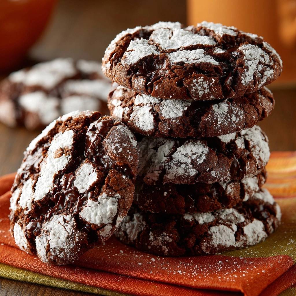 Chocolate crinkle cookies with powdered sugar dusting, stacked on a napkin, showcasing their cracked texture.