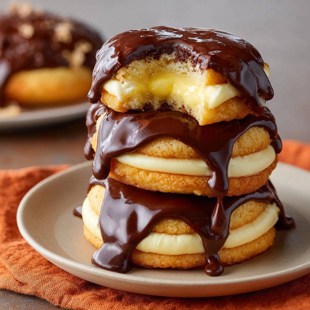 Chocolate dipped pastry cream cookies showing a cross-section with creamy filling between two cookies.