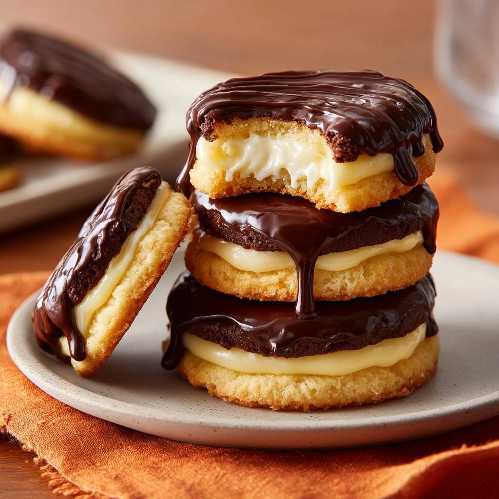 Chocolate dipped pastry cream cookies shown in a close-up cross-section, revealing the creamy filling between cookies.