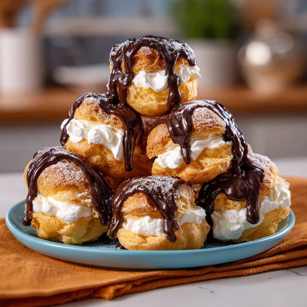 Chocolate drizzled profiteroles stacked high on a blue plate, dusted with powdered sugar.