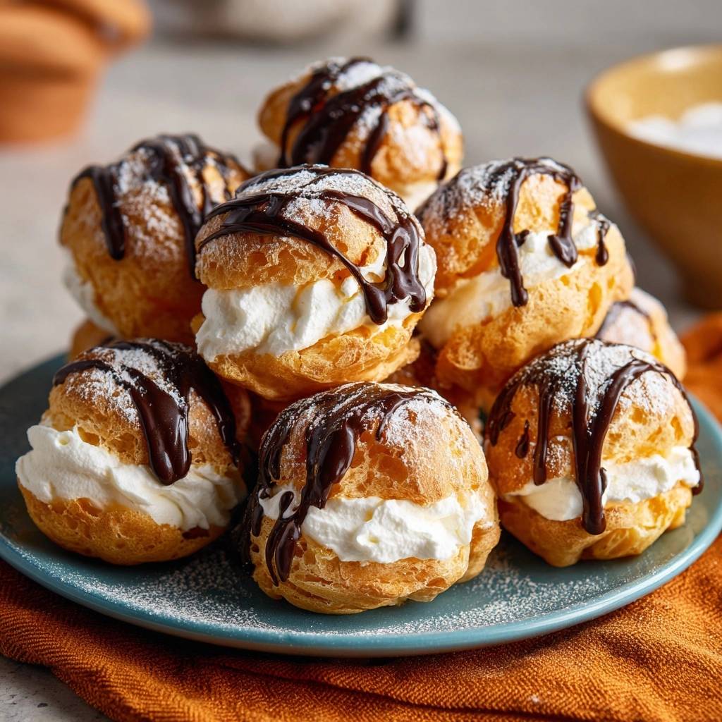 Chocolate drizzled profiteroles stacked on a blue plate, topped with powdered sugar and chocolate sauce.