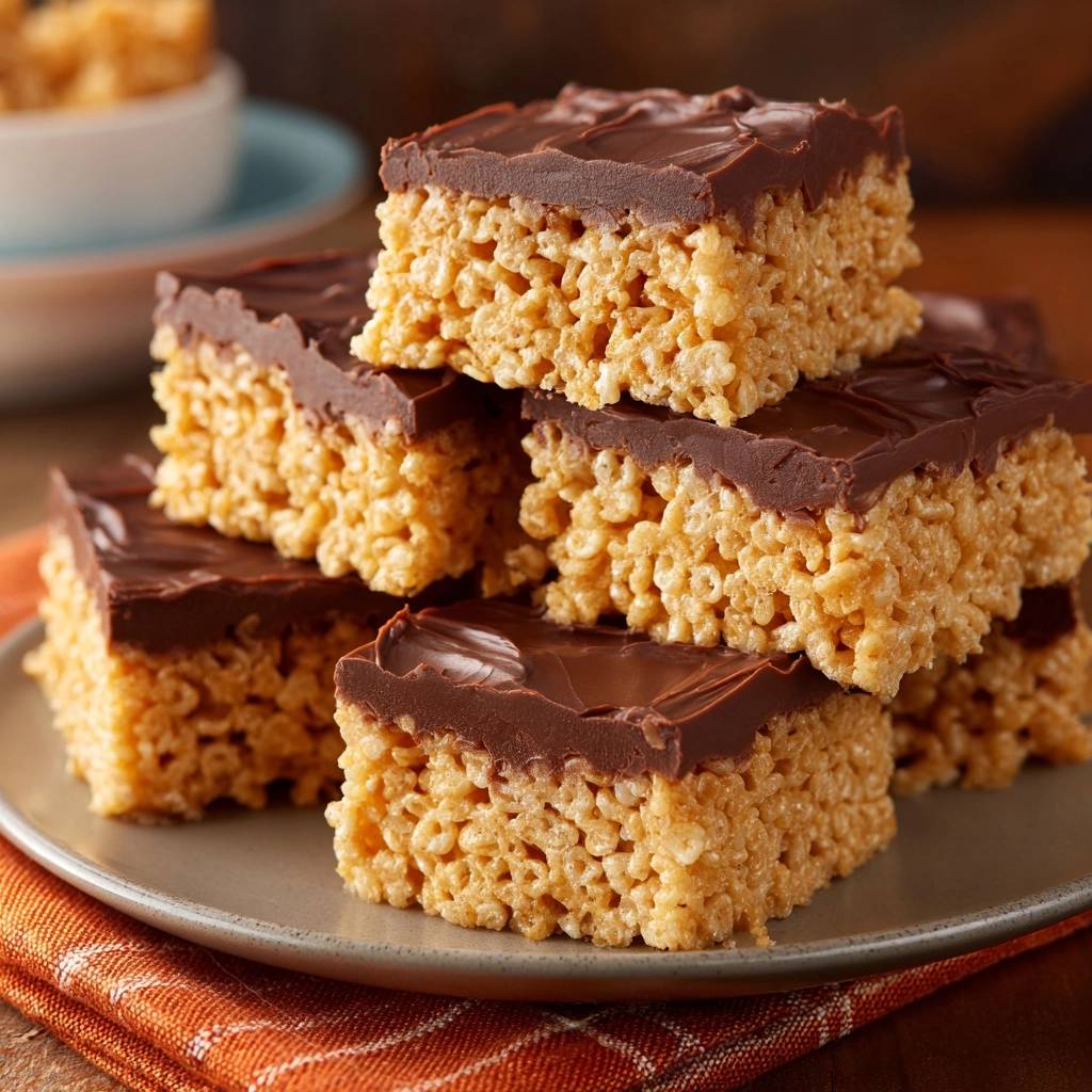 Chocolate frosted Rice Krispie treats stacked on a plate, showcasing their chewy texture and rich topping.