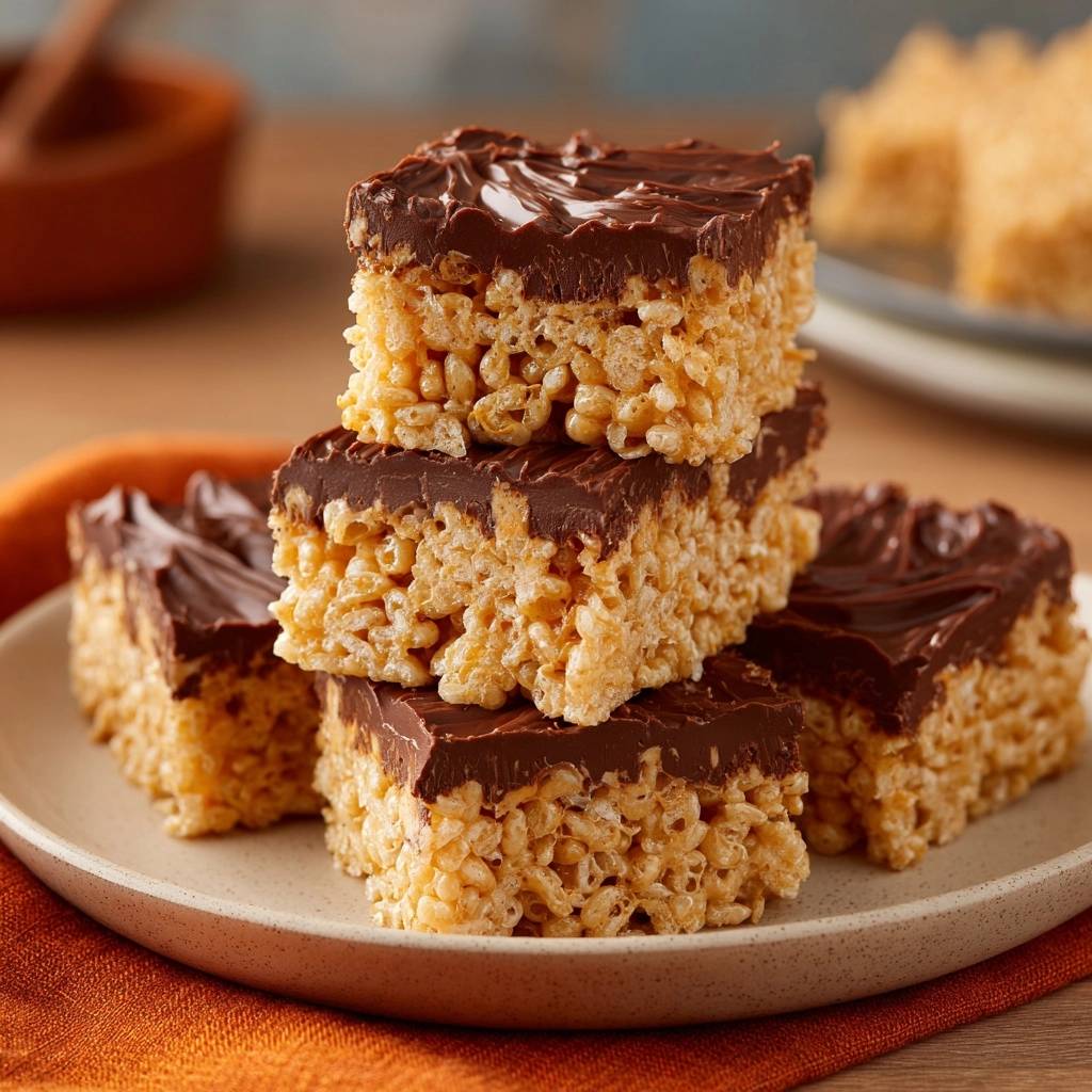 Chocolate frosted Rice Krispie treats stacked on a plate, showcasing their chewy texture and rich topping.