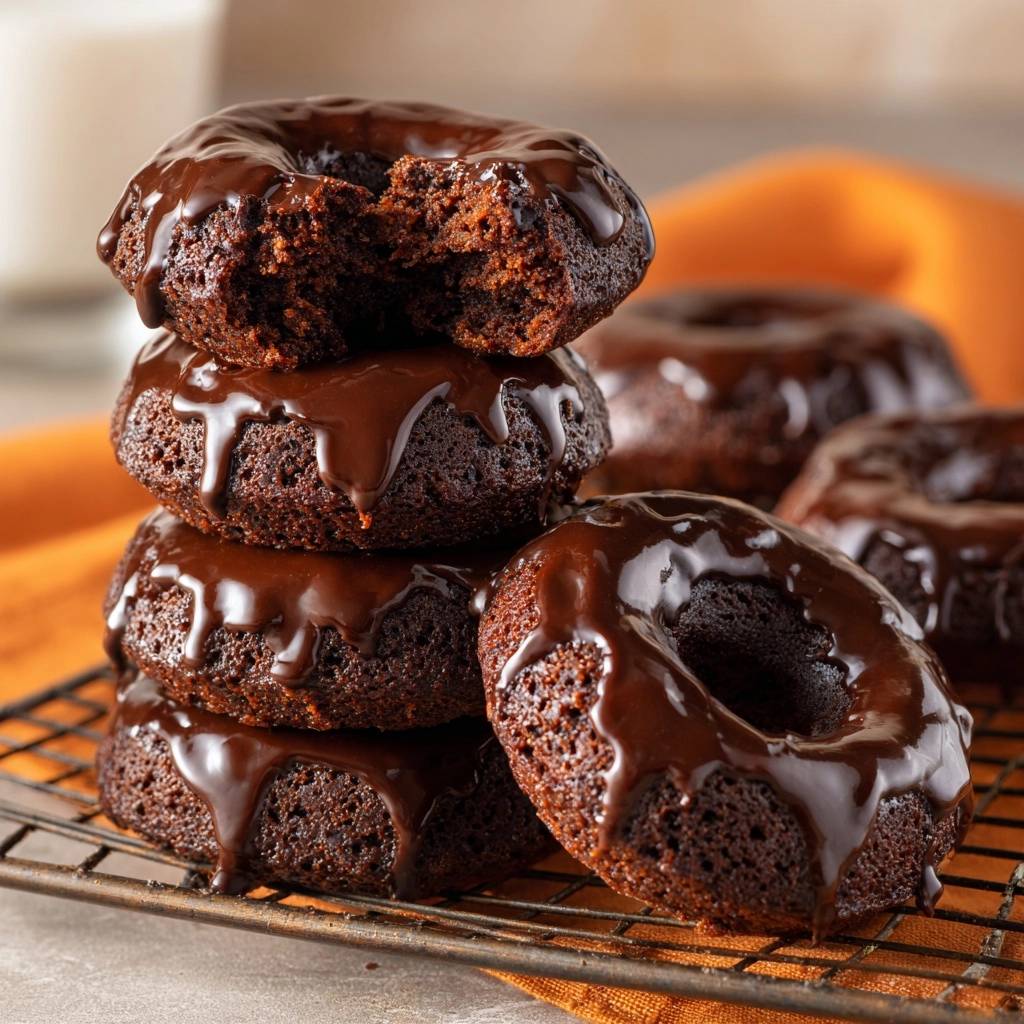 Chocolate glazed baked donuts stacked high, with a close-up view of the rich chocolate glaze dripping down.