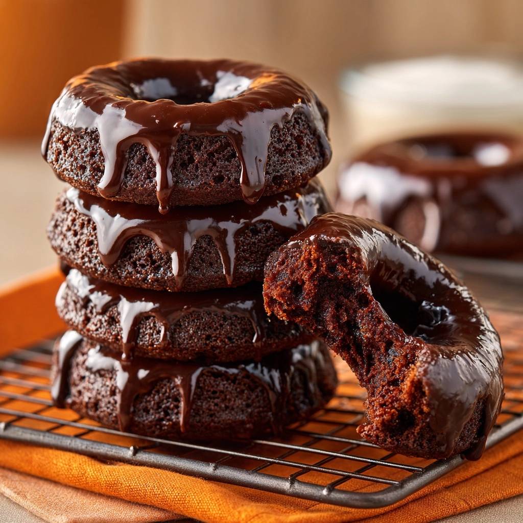 Chocolate glazed baked donuts stacked on a cooling rack with one donut broken open, showing its moist interior.
