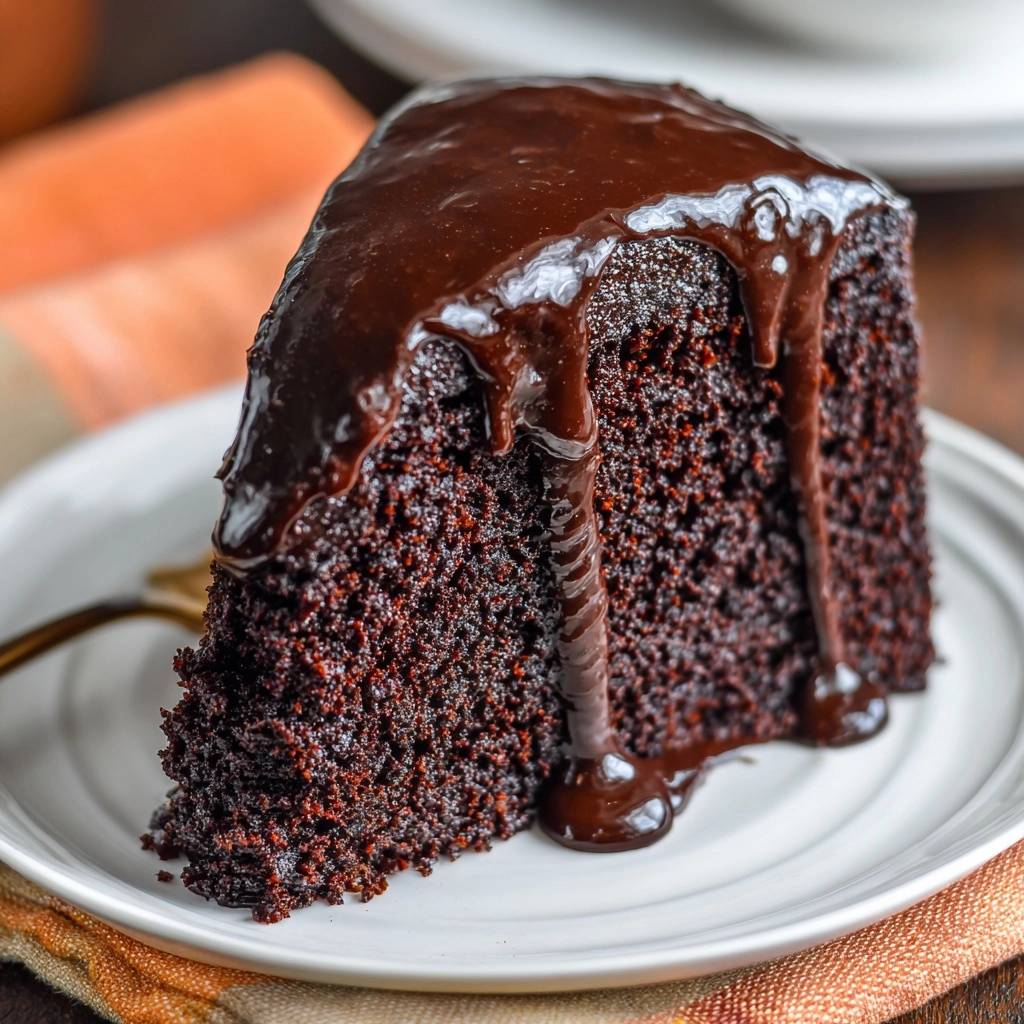 Chocolate orange cake slice with rich chocolate glaze dripping down the side, showing moist texture.