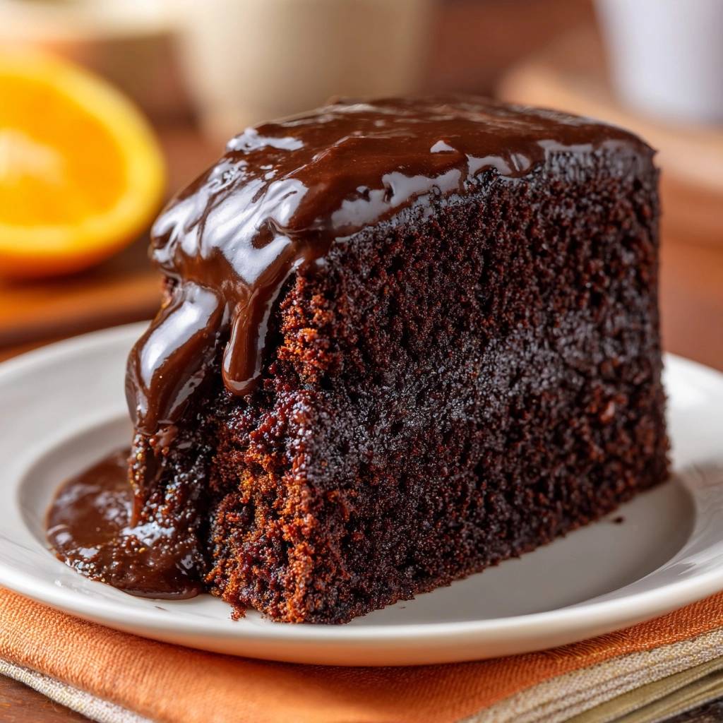 Chocolate orange cake, a moist slice plated with rich chocolate glaze dripping down its side.