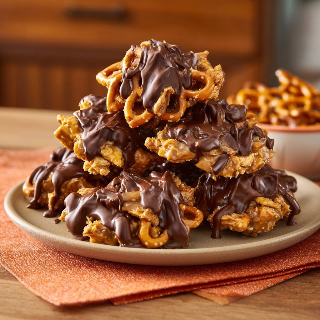 Chocolate peanut butter pretzel clusters stacked high on a plate, drizzled with melted chocolate.